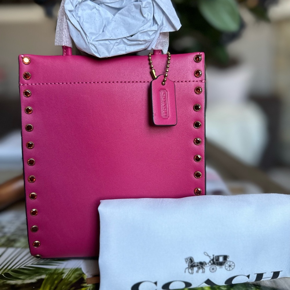COACH Glove-Tanned Leather Crystal Rivets Mini Cashin Tote Bag/ Hyacinth
